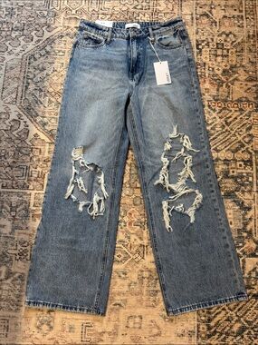 Light Blue Wide-Leg Distressed Jeans by Vici